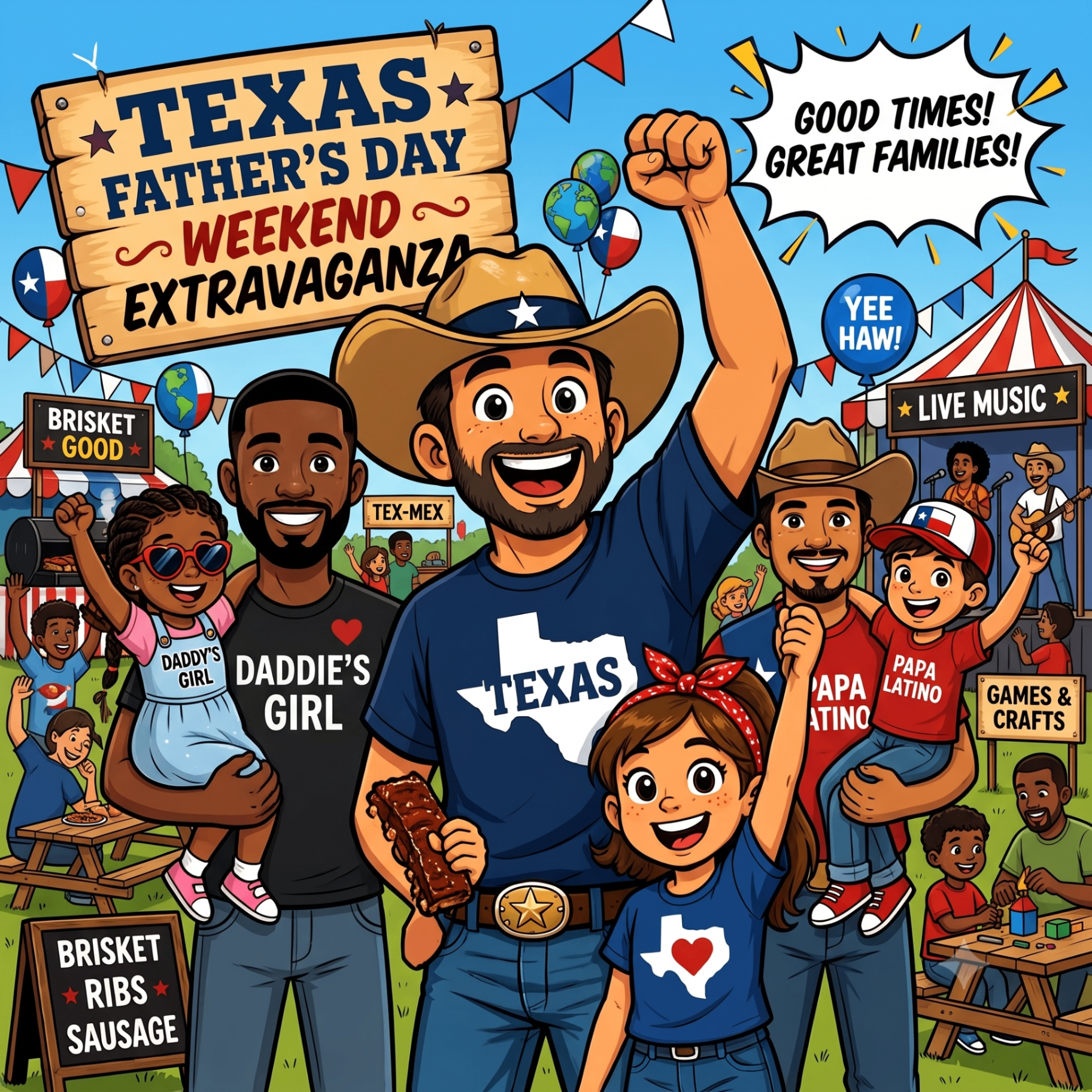 Cartoon family celebrating Father's Day BBQ festival in Texas